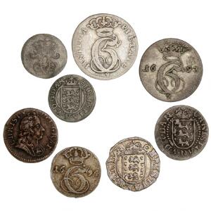 Christian V, lille typesamling på 8 forskellige mønter