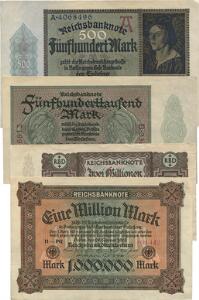 Tyskland, 500 mark 1922, Pick 73, 1 million mark 1923, Pick 86, 500000 mark 1923, Pick 88, 2 millioner mark 1923, Pick 89, i alt 4 stk.