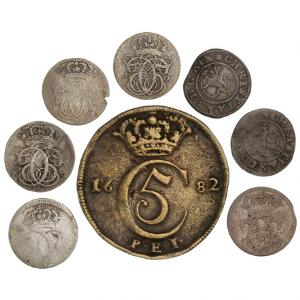 Norge, Christian V, 7 stk. forskellige toskillinge samt falsk krone 1682, NM 76, H 55