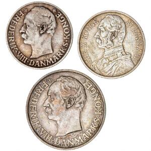 Dansk Vestindien, Christian IX, 1 franc 1905, H 32, KM 79 Frederik VIII, 2 francs 1907, H 38, KM 82 1 franc  20 cents 1907, H 39, KM 81