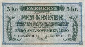 Færøerne, 5 kr 1940 B, nr. 192469 B, Sieg 16, Pick 10