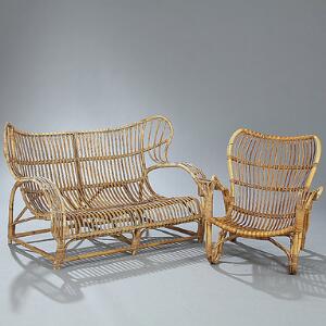 Viggo Boesen To-pers. sofa samt lænestol af formbøjet bambus. Stol udført hos Evald Nissen. Sofa udført hos Edmund Jørgensen. 2