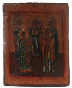 Russisk ikon forestillende fem helgener med Mandylion. Tempera på træ. 19. årh. 30 x 24.