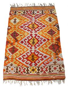 Semiantikt tyrkisk Kelim tæppe, prydet med gentagelsesmønster. 20. årh.s midte. 204 x 126.
