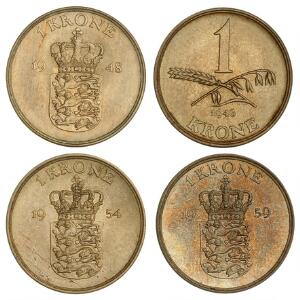 1 krone 1946, H 23, Frederik IX,  1 krone 1948, H 6A, 1 krone 1954, H 6A, 1 krone 1959, H 6B, ialt 4 stk.