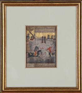 Illustreret side dekoreret i farver og med guld forestillende polospillere og tekst. Iran, 19. årh. 15 x 11 cm.