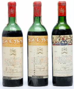 2 bts. Château Mouton Rothschild, Pauillac. 1. Cru Classé 1965 CD msmls.  etc. Total 3 bts.