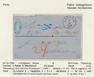 1854. Pakke Ledsagebrev fra Altona 1.12.1854 til Oldenburg. Takst i alt 24 RBS