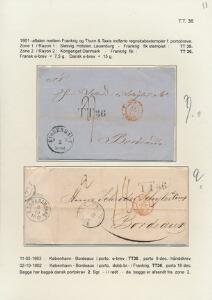 1862-1863. Udstillingsplanche med 2 breve fra København til Bordeaux. Begge med liniestempel TT36. Porto henholdsvis 9 og 18 dec.