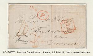 1857. Interessant brev fra London til Frederiksund med flere takstpåtegninger