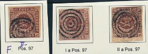 1851-1853. 4 RBS. Plade II, nr.97 i Ferslew, Thiele I og Thiele IIa. sæt med 3 nydelige mærker fra samme position. Sjældent udbudt.