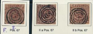 1851-1853. 4 RBS. Plade II, nr.67 i Ferslew, Thiele I og Thiele IIa. sæt med 3 nydelige mærker fra samme position. Sjældent udbudt.