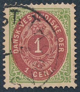 1873. 1 cents, grønrødlilla, omv. ramme. Pænt stemplet eksemplar med OMVENDT VANDMÆRKE. AFA 700. Attest Grønlund