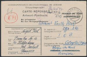 Tyskland. Krigsfangepost Svar-kort sendt fra Sarstedt 11.1.47 til tysk soldat fra Afrikakorpset, stadig i krigsfangelejr i Algeriet i 1947.