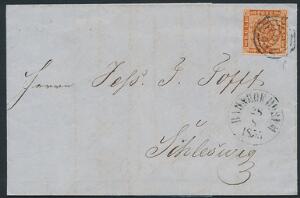 1854. 4 sk. Brun. Flot brev med stumt stempel og BAHNHOF HUSUM 28.8.1855