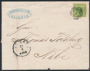 1854. 8 sk. grøn. Single på brev af 2.vægtklasse fra Aalborg til Nibe