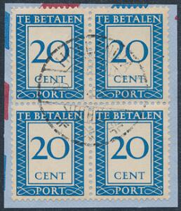 Hollandsk Newguinea. Porto. 1953. 20 cent, blå. Sjælden stemplet 4-BLOK. kun 2980 mærker blev brugt.