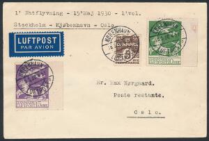 1925. Gl. Luftpost, 10 øre, grøn og 15 øre, violet på brev til Oslo 16.5.30