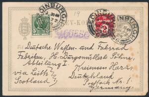 1905. Bølgelinie, 2 øre, rød og Fr.VIII, 5 øre, grøn på 3 øres brevkort annulleret EDINBURGH NO 22 09, sendt til Tyskland
