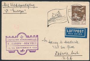 1929. Gl. Luftpost 1 kr. brun. Single på brev til USA, annulleret DEUTSCHE SEEPOST 16.9.33