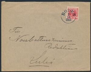 1907. Fr. VIII, 10 øre. Single på brev med svensk stempel BODEN 3.10.1910