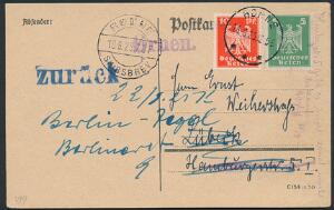 1925. Brevkort med tysk frankering, sendt fra skibet ØRNEN i Østersøen til Lübeck og videre til berlin. Annulleret RØNNE 18.8.25 og RØNNE SKIBSBREV 18.8.25