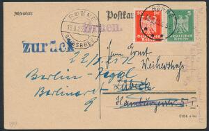 1925. Brevkort med tysk frankering, sendt fra skibet ØRNEN i Østersøen til Lübeck og videre til berlin. Annulleret RØNNE 18.8.25 og RØNNE SKIBSBREV 18.8.25