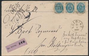 1875. 4 øre, gråblå. 3 stk. på værdibrev fra Kolding med håndskrevet Dollerup