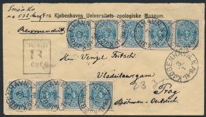 1875. 4 øre, gråblå. I alt 9 stk. på meget dekorativt lille REC-brev til Prag