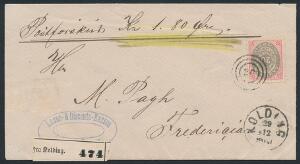 1875. 20 øre, grårød. Single på POSTFORSKUD fra Kolding til Fredericia