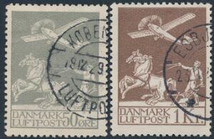 1929. Gl. Luftpost, 50 øre, grå og 1 kr. brun. Pænt stemplet sæt. AFA 4400