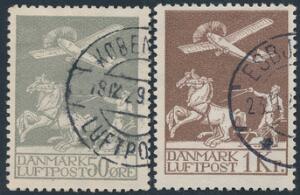 1929. Gl. Luftpost, 50 øre, grå og 1 kr. brun. Pænt stemplet sæt. AFA 4400