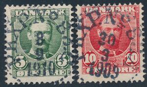 1907. Fr. VIII, 5 øre, grøn og 10 øre, rød. Annulleret med svenske stempler. LUX-KVALITET
