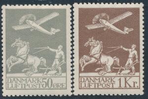 1929. Gl. Luftpost, 50 øre, grå og 1 kr. brun. Postfrisk sæt. AFA 4100