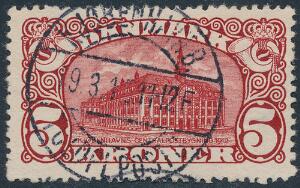 1912. 5 kr. Posthus, brunrød. Vm.III. HØJT MÆRKE forårsaget af knækket takningsnål
