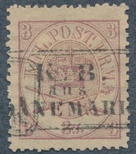 1864. 3 sk. lilla. Sjældent mærke med retvendt rammestempel K.B. AUS DÄNEMARK