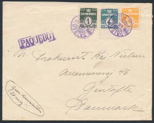 1933. Bølgelinie, 1,4 og 10 øre på brev med violet japansk stempel DAIREN og violet liniestempel PAQUEBOT