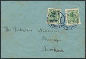 1919. 25 øre, Chr. X,  5 øre, grøn. Brev fra THORSHAVN 18.1.19. AFA 3800. Attest Grønlund