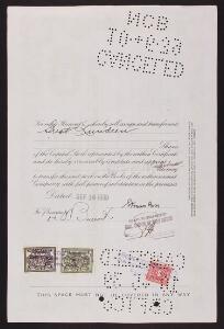 1939. Aktiebrev fra West Indies Sugar Corporation. Påklæbet 3 stempelmærker
