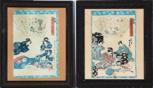 To japanske oban træsnit i farver billedruller studeres. Sign. Kochoro Kunisada Hitsu, ca. 1850. Sing. i viften Ichirisai Hiroshige. I ramme. 2