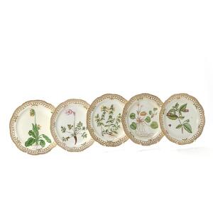 Flora Danica fem tallerkener af porcelæn med gennmebrudt fane, dekorerede i farver og guld med blomster. 3526. Kgl.P. Diam. 27 cm. 5
