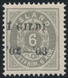 1902. Í GILDI. 6 aur, grå, tk.12. Sort, sjældent postfriskt mærke. Facit 12000. Attest Nielsen