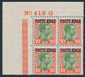 1930. Chr. X, 10 kr. rødgrøn. Postfrisk fireblok med fuld øvre hjørnemarginal 419-G. Perfekt kvalitet