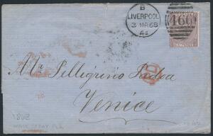 England. 1868. 6 d. violet. Single på brev fra Liverpool til Venice 3.3.68