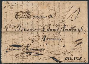 1737. Flot brev dateret KIEL ANNO 1737, 25 Marcy. Sendt via Oldenburg til London. Påtegnet Frnanco Hambourg. Meget tidlig og velbevaret brev