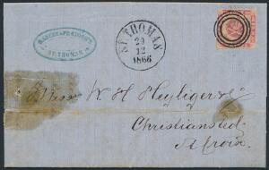 1866. 3 cents, karminrosa. Flot annulleret mærke på helbrev fra ST. THOMAS 29.12.1866, sendt til St. Croix. Kuverten noget medtaget med bl.a. fedtpletter. AFA