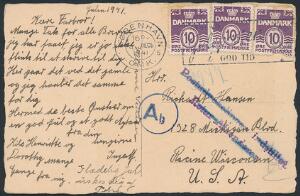 1941. Brevkort fra København 3.12.1941 til USA. Violet liniestempel Postudvekslingen indstillet, Retur Afsenderen. Senere overstreget med blåkridt