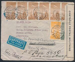 1934. Luftpost 1 kr. brun 6-stribe og 10 øre, orange og 50 øre, blågrå. I alt 6660 øre på luftpostbrev fra København 16.12.39 til Johannesburg, South Africa