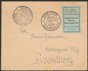 1946. Interneret Post-forsendelse, Portofri. Grønblå label på flot brev fra Østrigerlejren i Esbjerg til Svendborg