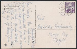 1938. 10 øre violet, Chr. X. Single på postkort, Polar Eskimo, sendt fra Ivigtut 6.4.1939 til Bogø.